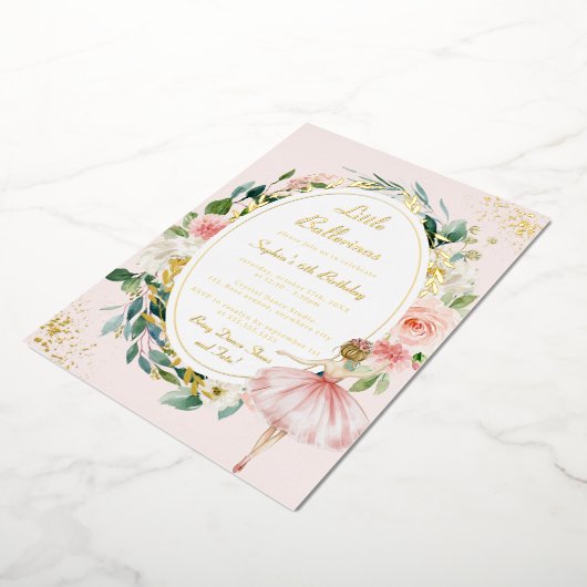 リトルバレリーナ金ゴールドフローラ子供の誕生日 箔招待状 (回転した状態)