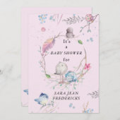 リトルバーディーズのパーソナライズピンクベビーシャワー 招待状 (正面/裏面)