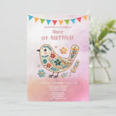 リトルバードフローラピンクバースデーパーティーへの招待 招待状 (スタンド正面)