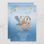 リトルバードフローラブルーバースデーパーティーの招待 招待状 (正面/裏面)