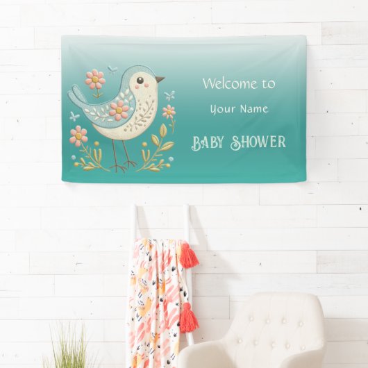リトルバードフローラ刺繍グリーンベビーシャワー 横断幕 (インサイチュ)