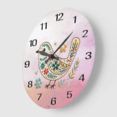 リトルバードフローラ刺繍ピンクの壁時計 ラージ壁時計 (傾斜)