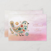 リトルバードフローラ刺繍ピンクサンキューカード サンキューカード (正面/裏面)