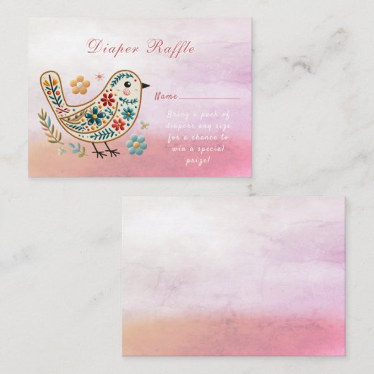 リトルバードフローラ刺繍ピンクベビーシャワー エンクロージャーカード (正面/裏面)