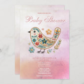 リトルバードフローラ刺繍ピンクベビーシャワー 招待状 (正面/裏面)