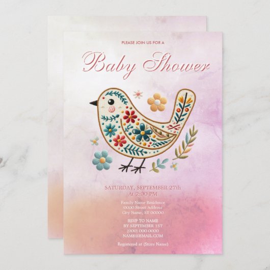 リトルバードフローラ刺繍ピンクベビーシャワー 招待状 (正面/裏面)