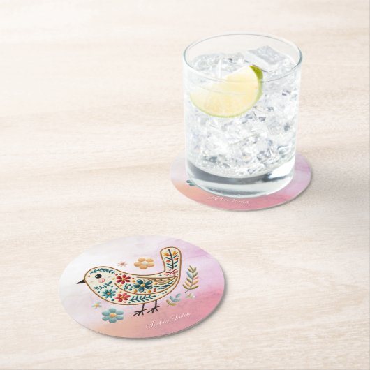 リトルバードフローラ刺繍ピンク紙コースター ラウンドペーパーコースター (インサイチュ)