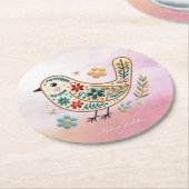 リトルバードフローラ刺繍ピンク紙コースター ラウンドペーパーコースター (アングル)