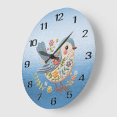リトルバードフローラ刺繍ブルーウォールクロック ラージ壁時計 (傾斜)