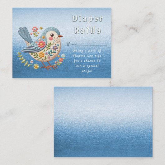 リトルバードフローラ刺繍ブルーベビーシャワー エンクロージャーカード (正面/裏面)