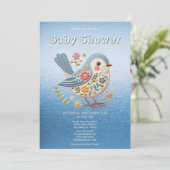 リトルバードフローラ刺繍ブルーベビーシャワーInv 招待状 (スタンド正面)