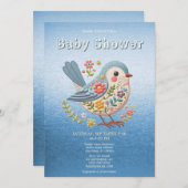 リトルバードフローラ刺繍ブルーベビーシャワーInv 招待状 (正面/裏面)