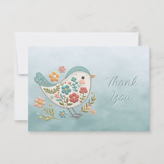 リトルバードブルーピンクの花サンキューカード サンキューカード (正面)