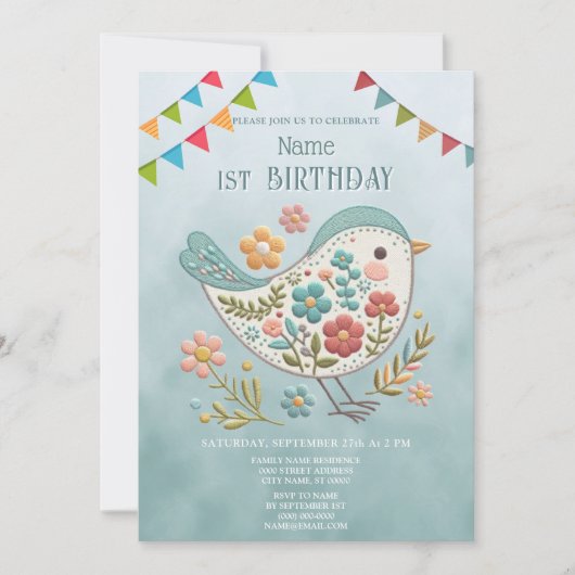 リトルバードブルーピンクフラワーバースデーパーティー 招待状 (正面)
