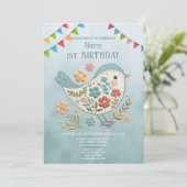 リトルバードブルーピンクフラワーバースデーパーティー 招待状 (スタンド正面)