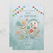 リトルバードブルーピンクフラワーバースデーパーティー 招待状 (正面/裏面)