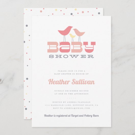 リトルバードベビーシャワー招待状 – ピンク 招待状 (正面/裏面)