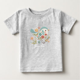 リトルバード ブルー ピンクの花 ベビーTシャツ