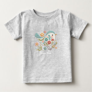 リトルバード ブルー ピンクの花 ベビーTシャツ