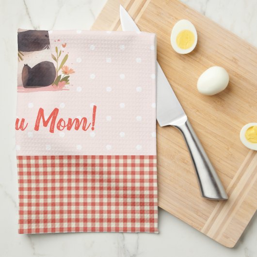 リトルパンダの花を持つ母の日の贈り物 キッチンタオル (四つ折り)