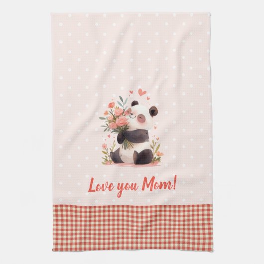 リトルパンダの花を持つ母の日の贈り物 キッチンタオル (縦)