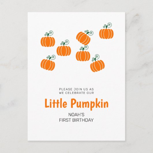 リトルパンプキンの秋の1歳誕生日パーティー招待状 ポストカード (正面)