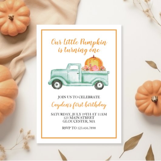 リトルパンプキンの緑のトラックとチェックの1歳の誕生日 招待状