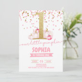 リトルパンプキンガール第1誕生日金ゴールドグリッターピンク 招待状 (スタンド正面)