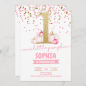 リトルパンプキンガール第1誕生日金ゴールドグリッターピンク 招待状 (正面/裏面)