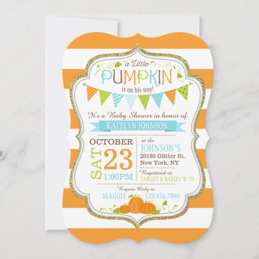 リトルパンプキンストライププリントベビーシャワー招待状 招待状 (正面)