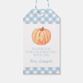リトルパンプキンパステルブルーのチェック柄1歳の誕生日 ギフトタグ