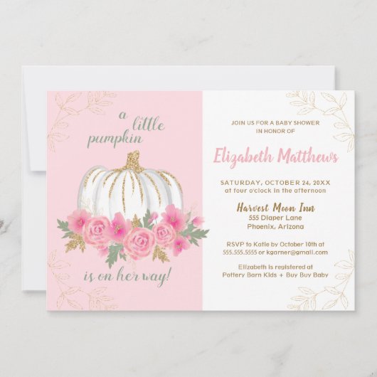 リトルパンプキンピンクゴールドオータムガールベビーシャワー 招待状 (正面)