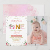 リトルパンプキンピンクゴールドフラワーファーストバースデー写真 招待状 (正面/裏面)