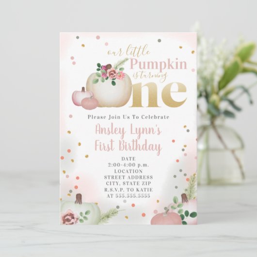 リトルパンプキンピンクプレイドファースト誕生日 招待状 (スタンド正面)