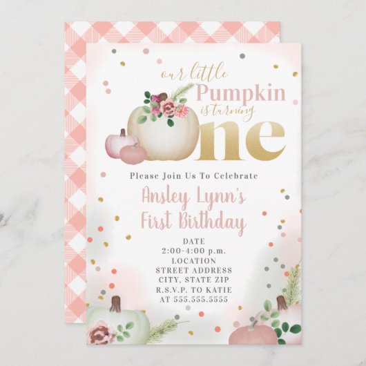 リトルパンプキンピンクプレイドファースト誕生日 招待状 (正面/裏面)