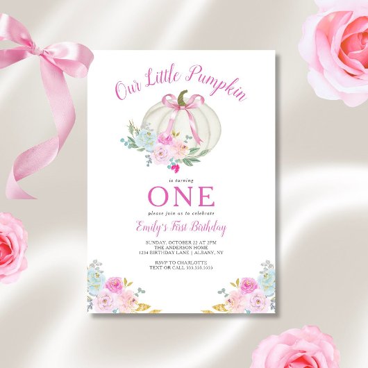 リトルパンプキンピンクリボン 女の子のファーストバースデー 招待状