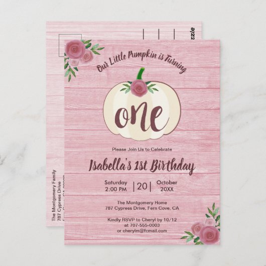リトルパンプキンピンク1歳誕生日パーティー招待状 ポストカード (正面/裏面)
