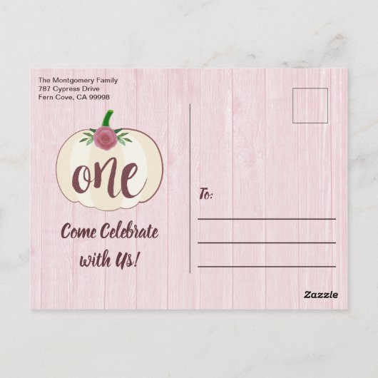 リトルパンプキンピンク1歳誕生日パーティー招待状 ポストカード (裏面)