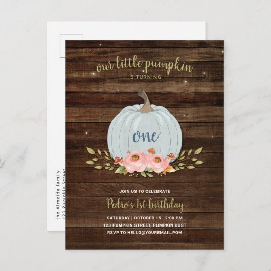 リトルパンプキンファースト誕生日第1男の子秋秋 インビテーションポストカード (正面/裏面)