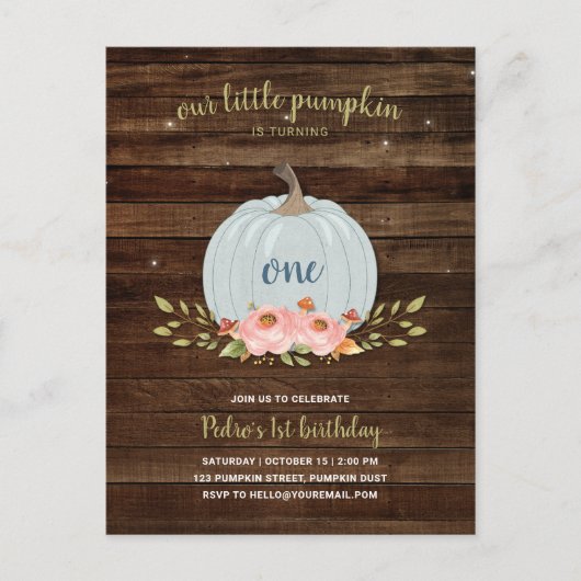 リトルパンプキンファースト誕生日第1男の子秋秋 インビテーションポストカード (正面)