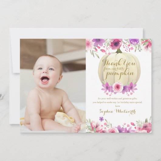 リトルパンプキンフローラ1歳の誕生日写真 サンキューカード (正面)