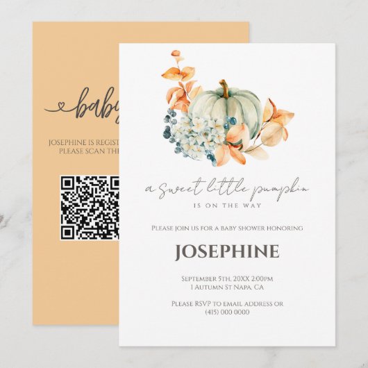 リトルパンプキンベビーシャワーQRギフト登録 招待状 (正面/裏面)