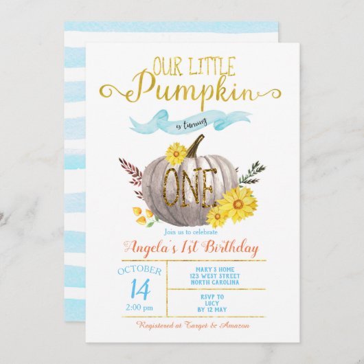 リトルパンプキンボーイ金ゴールドブルー秋1日誕生日 招待状 (正面/裏面)