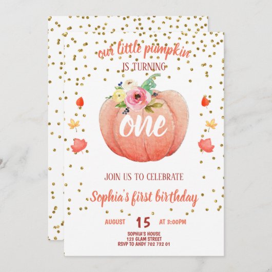 リトルパンプキン秋ファースト誕生日ガール金ゴールド 招待状 (正面/裏面)