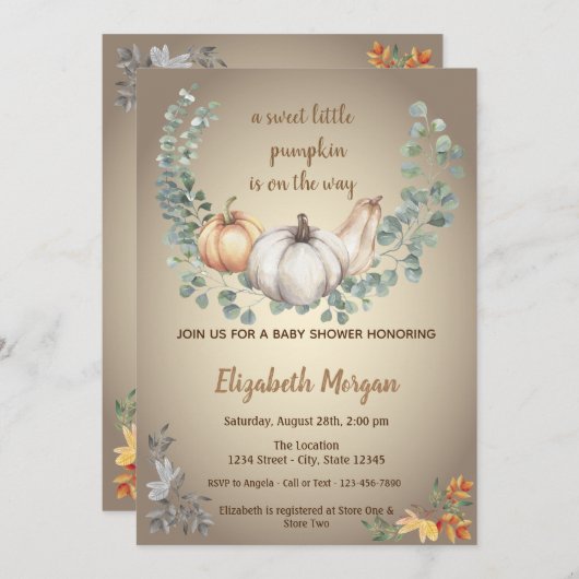 リトルパンプキン葉,，秋の赤ちゃんシャワー 招待状 (正面/裏面)