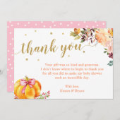 リトルパンプキン金ゴールドグリッター秋ガールベビーシャワー サンキューカード (正面/裏面)