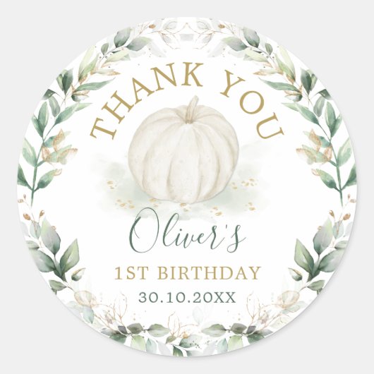 リトルパンプキン セージ グリーン 花輪 ゴールド 飾り 誕生日 ラウンドシール (正面)
