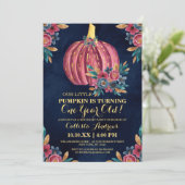 リトルパンプキン ネイビー フラワー ウォーターカラー 1歳誕生日 招待状 (スタンド正面)