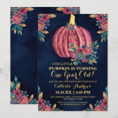 リトルパンプキン ネイビー フラワー ウォーターカラー 1歳誕生日 招待状 (正面/裏面)