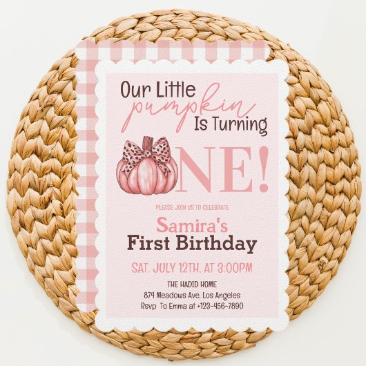 リトルパンプキン パステルピンク 秋の1歳の誕生日 招待状